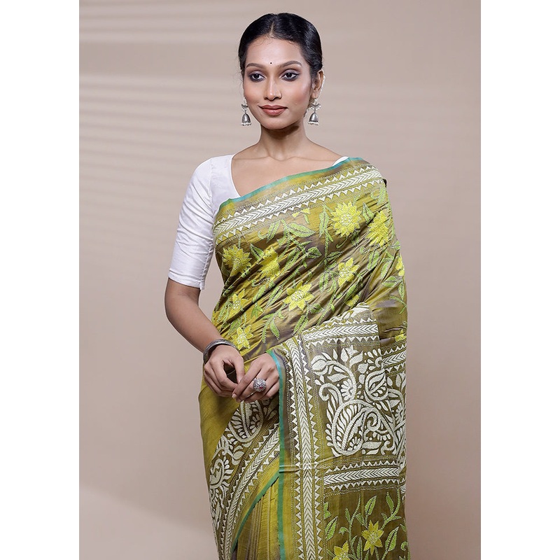 Green Handloom Kantha Stitch Pure Silk Saree With Blouse Piece - JD986608468