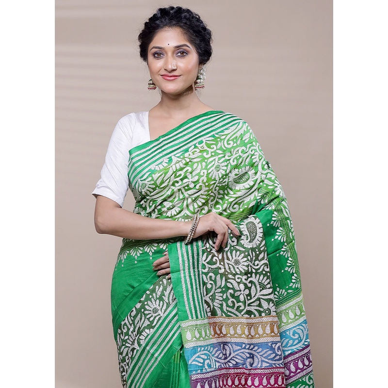 Green Handloom Kantha Stitch Pure Silk Saree With Blouse Piece - JD986608469