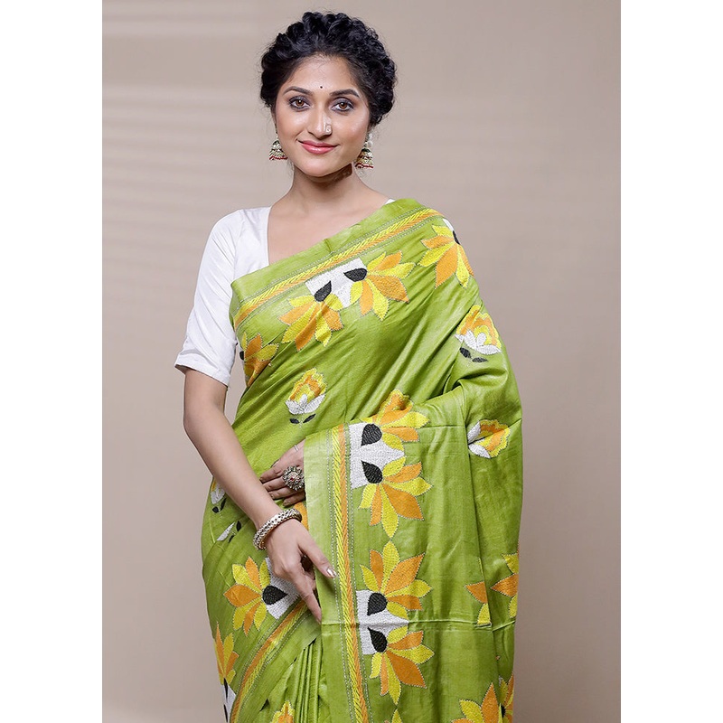 Green Handloom Kantha Stitch Pure Silk Saree With Blouse Piece - JD986608470