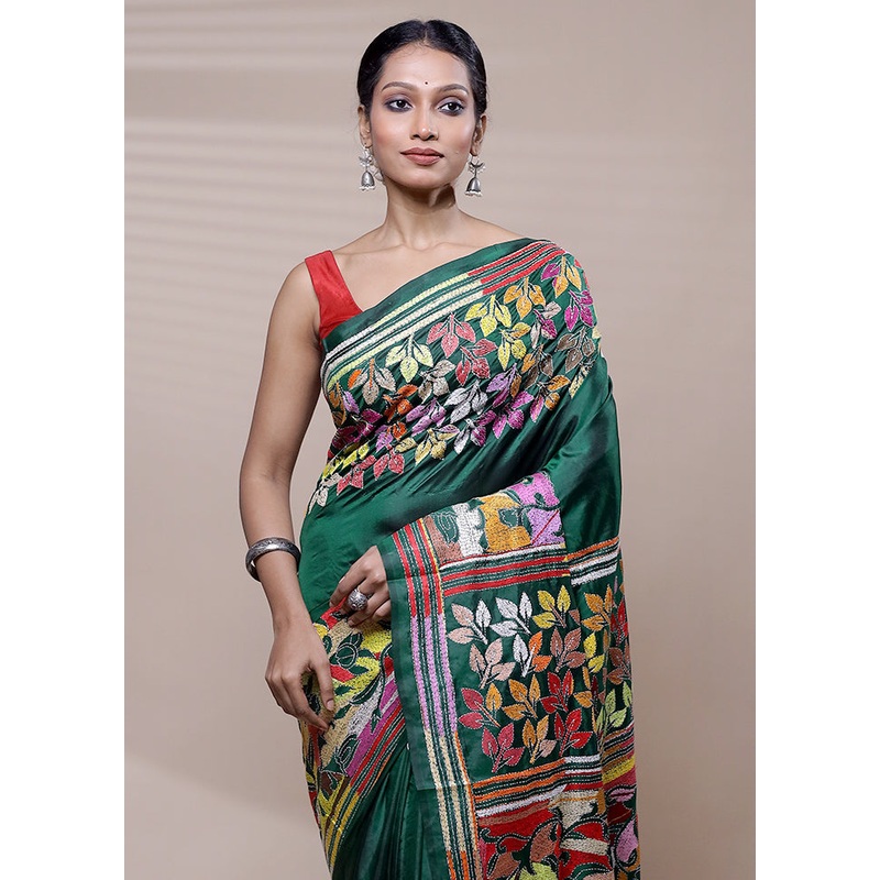 Green Handloom Kantha Stitch Pure Silk Saree With Blouse Piece - JD986608471