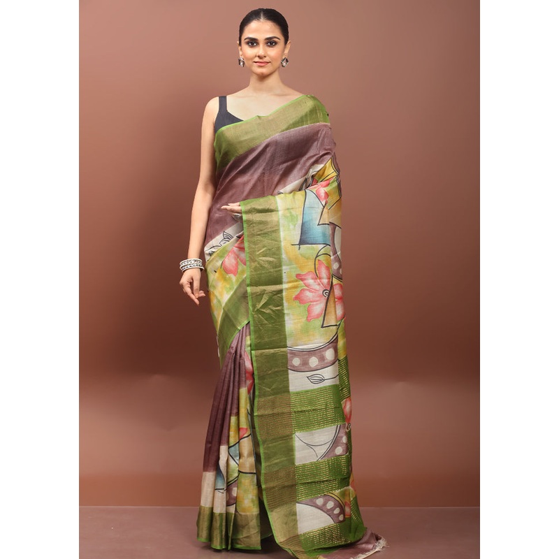 Green Handloom Tussar Pure Silk Saree With Blouse Piece - JD986608555