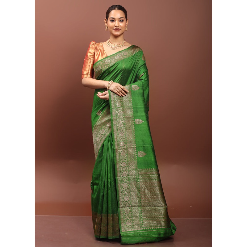 Green Handloom Tussar Pure Silk Saree With Blouse Piece - JD986608556