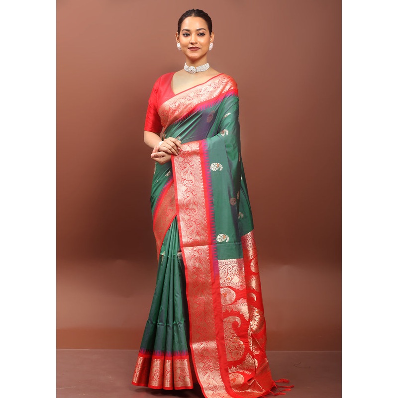 Green Kanjivaram Silk Saree With Blouse Piece - JD986608554