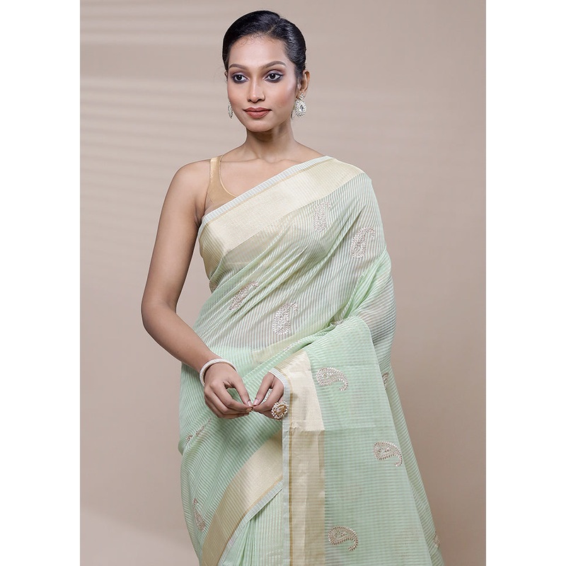 Green Organza Saree With Blouse Piece - JD986608462