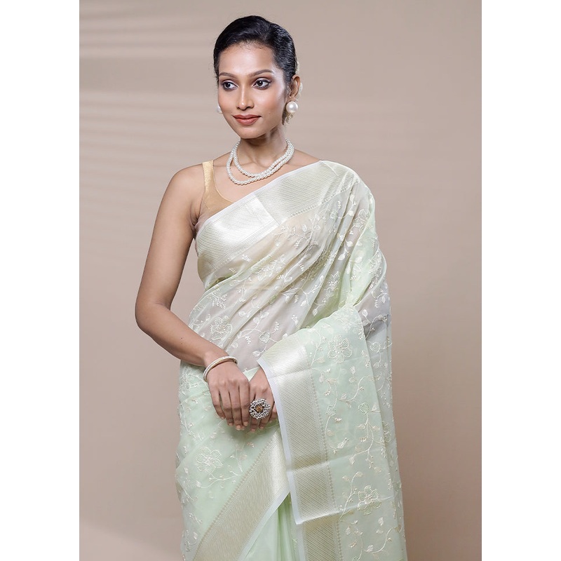 Green Organza Saree With Blouse Piece - JD986608463
