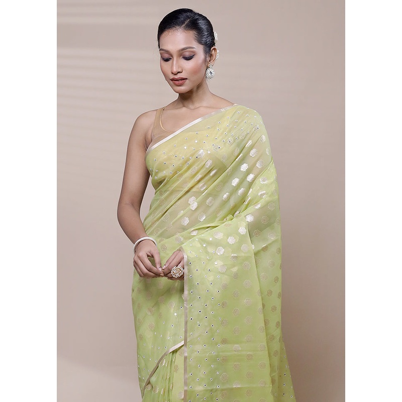 Green Organza Saree With Blouse Piece - JD986608464