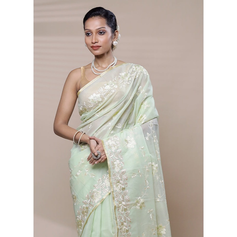 Green Organza Saree With Blouse Piece - JD986608465