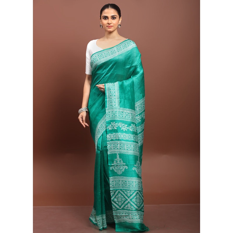 Green Printed Pure Silk Saree Without Blouse Piece - JD986608549