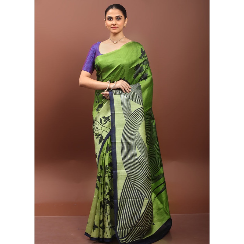 Green Printed Pure Silk Saree Without Blouse Piece - JD986608550