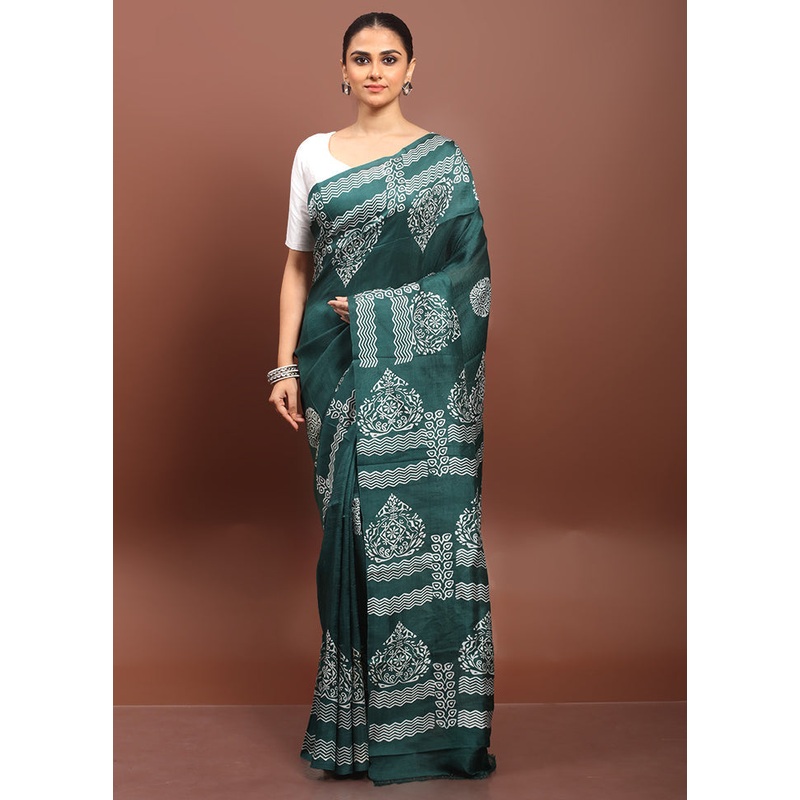 Green Printed Pure Silk Saree Without Blouse Piece - JD986608551