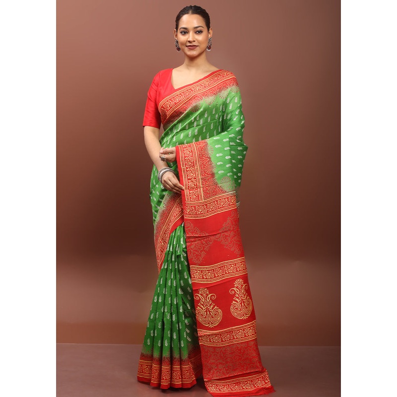 Green Printed Pure Silk Saree Without Blouse Piece - JD986608552