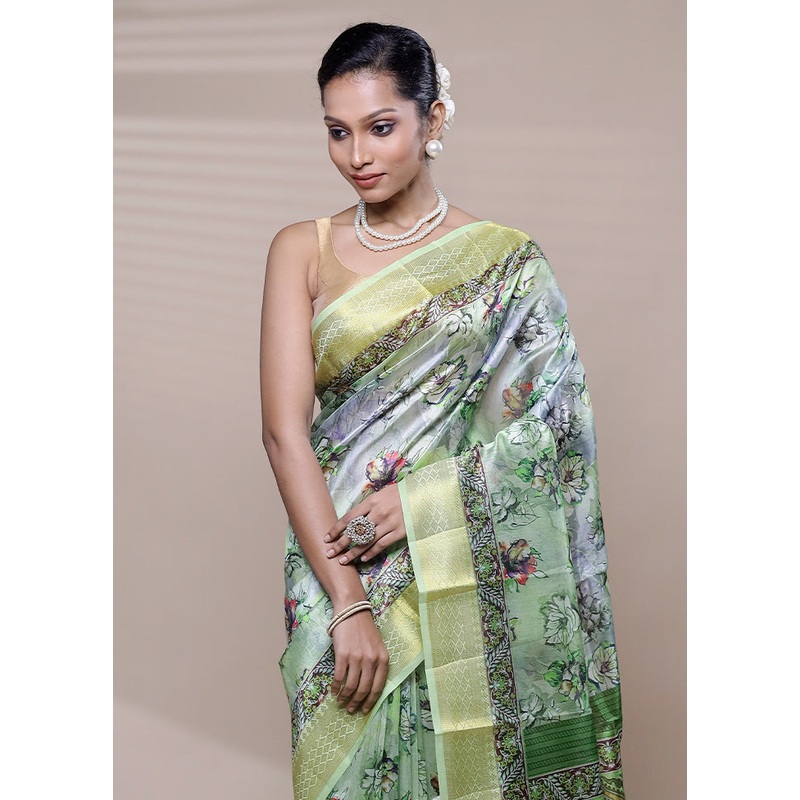 Green Printed Silk Saree Without Blouse Piece - JD986608461
