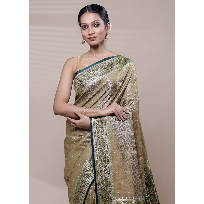 Green Tanchoi Silk Saree With Blouse Piece - JD986608460