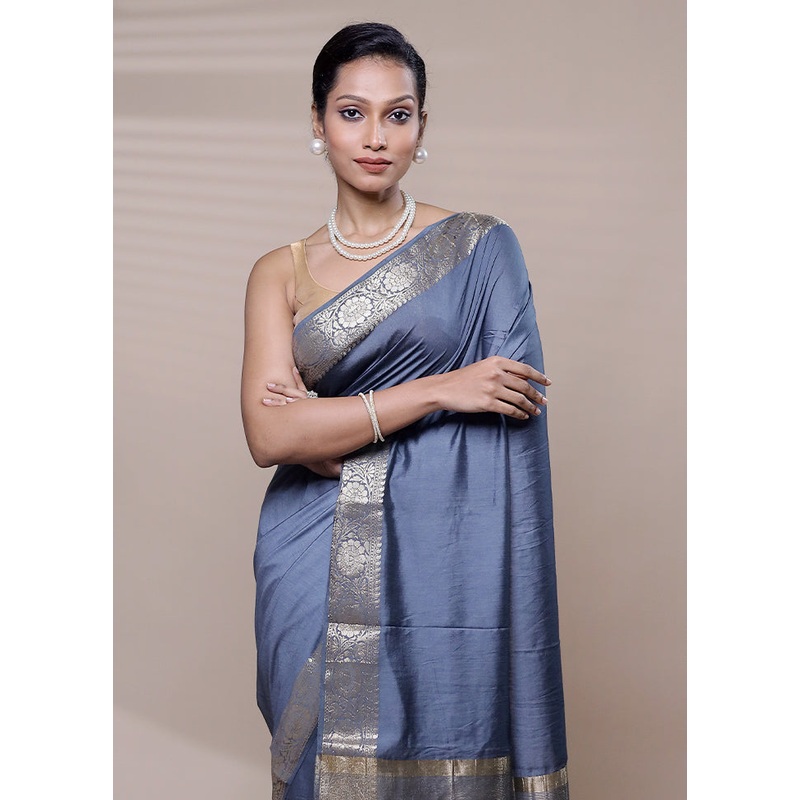 Grey Cotton Saree With Blouse Piece - JD986608451