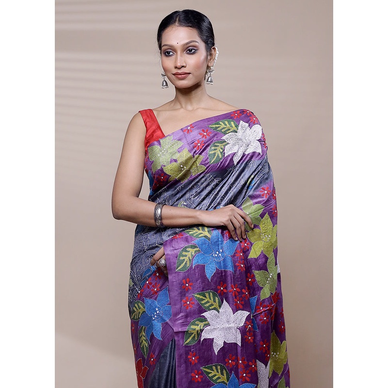 Grey Handloom Kantha Stitch Pure Silk Saree With Blouse Piece - JD986608449