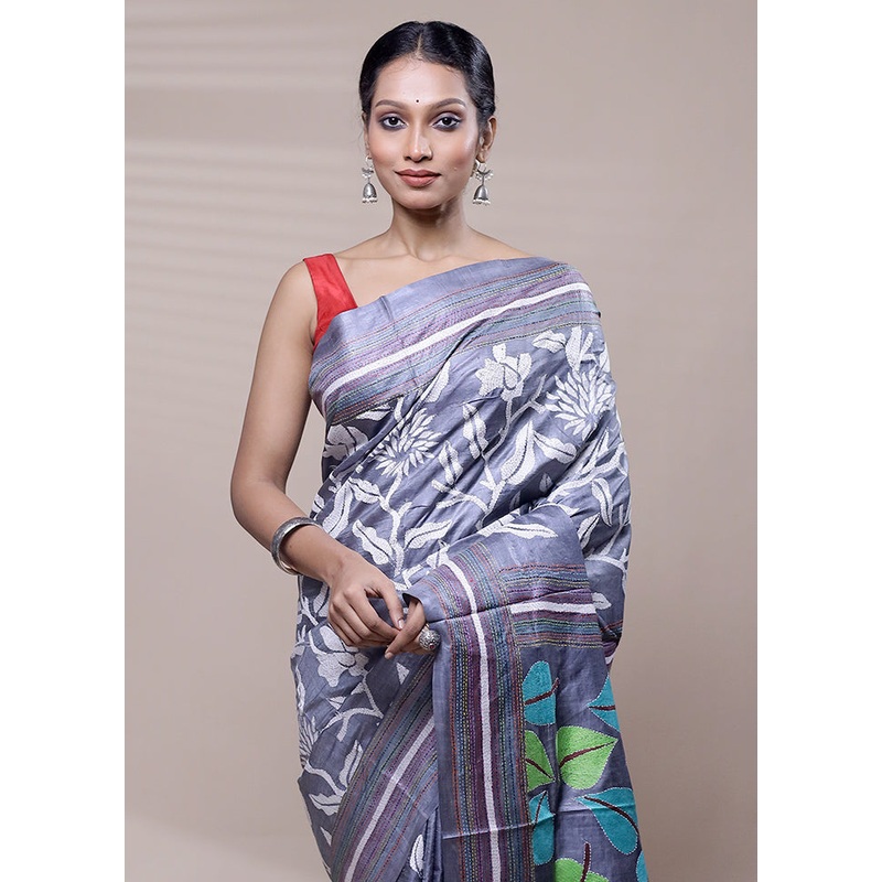 Grey Handloom Kantha Stitch Pure Silk Saree With Blouse Piece - JD986608450