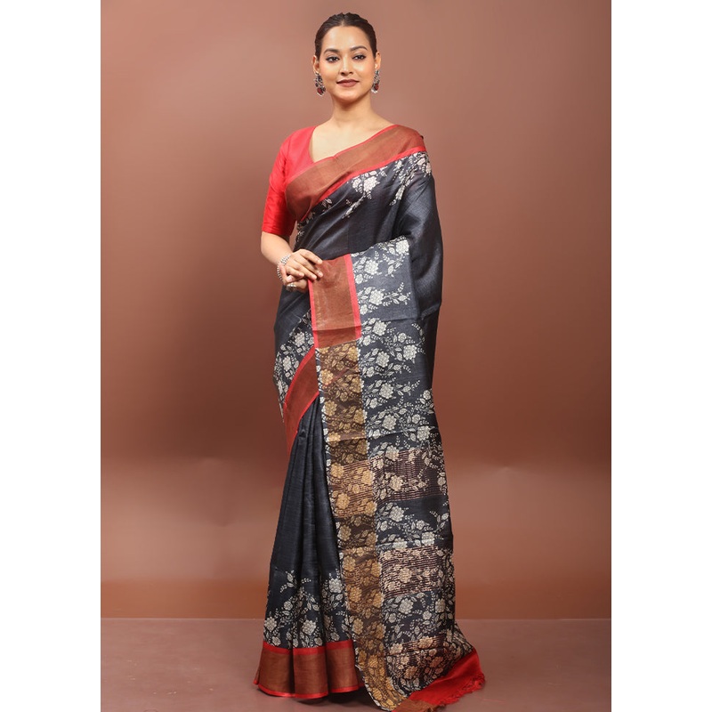 Grey Tussar Silk Saree With Blouse Piece - JD986608545