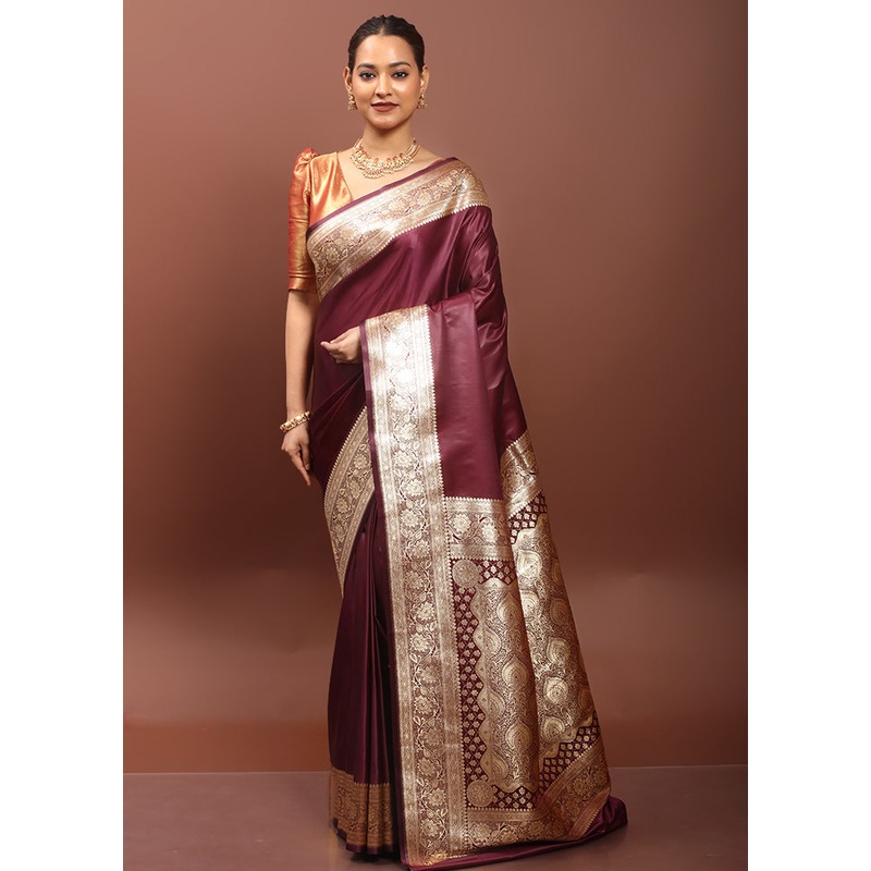 Maroon Banarasi Silk Saree With Blouse Piece - JD986608542