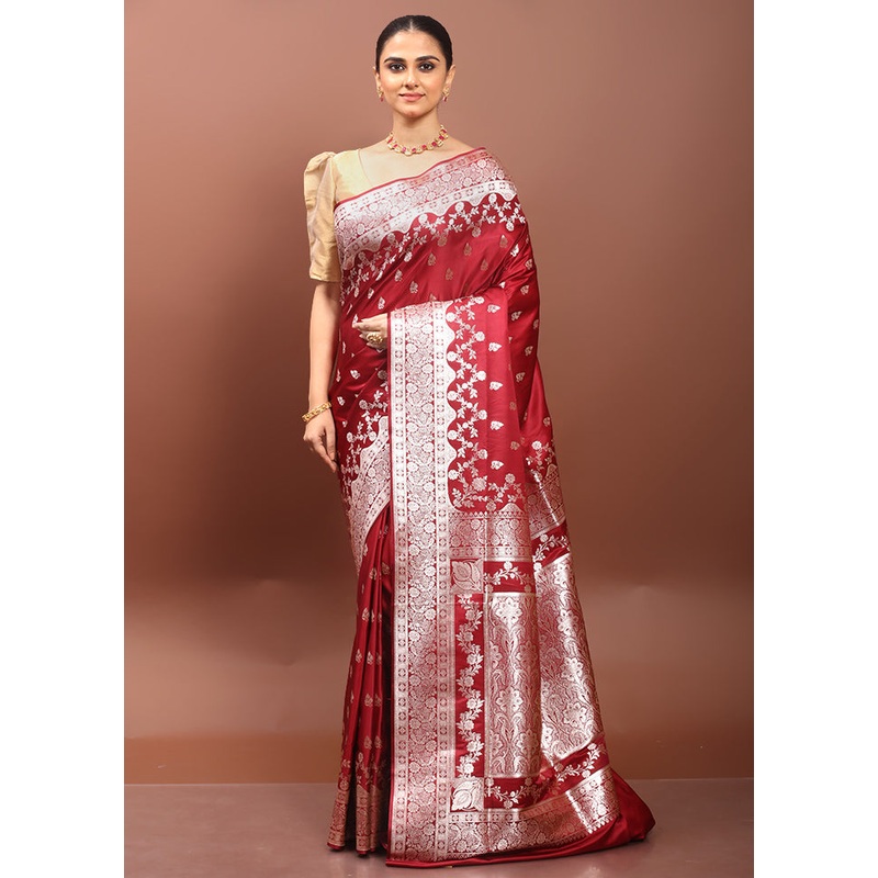 Maroon Banarasi Silk Saree With Blouse Piece - JD986608543