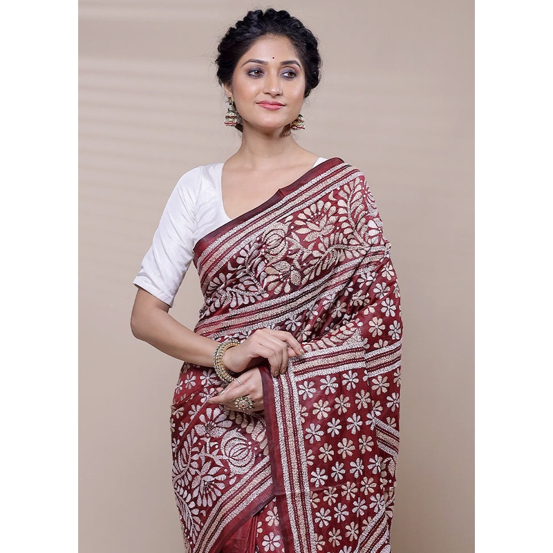 Maroon Handloom Kantha Stitch Pure Silk Saree With Blouse Piece - JD986608441