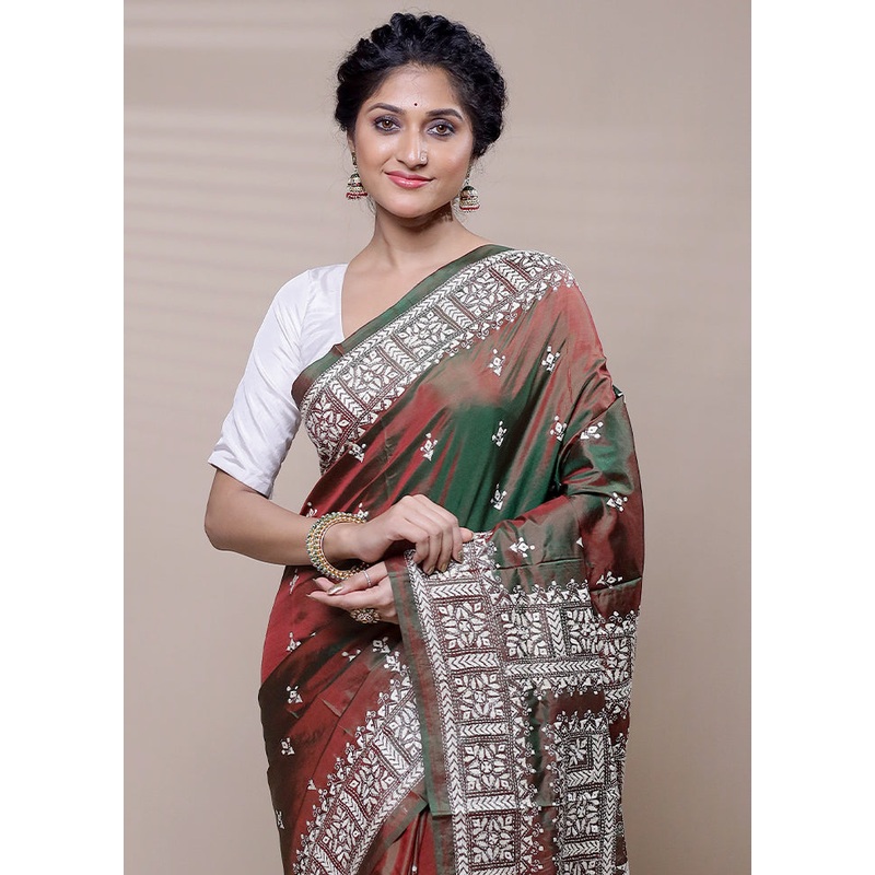 Maroon Handloom Kantha Stitch Pure Silk Saree With Blouse Piece - JD986608442