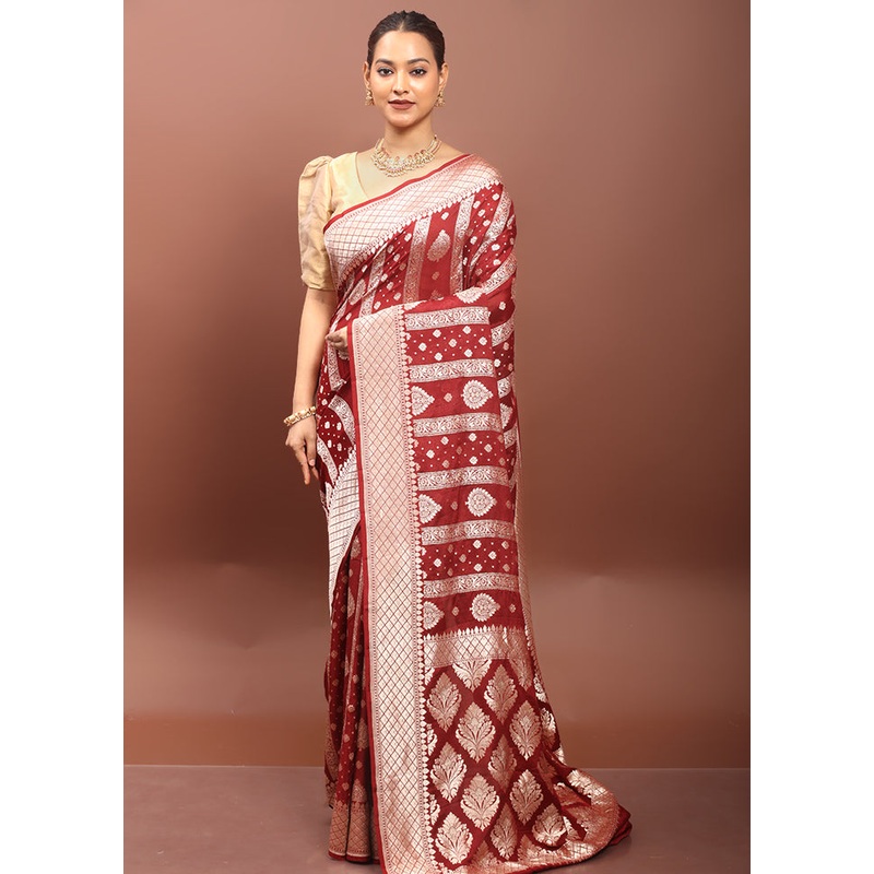Maroon Handloom Pure Georgette Saree With Blouse Piece - JD986608541
