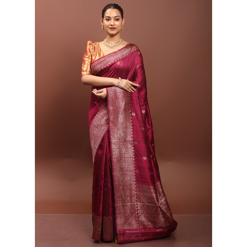 Maroon Handloom Tussar Pure Silk Saree With Blouse Piece - JD986608540