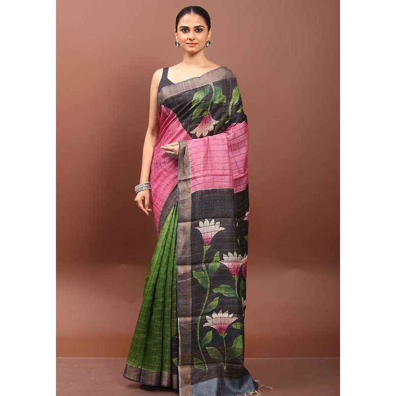 Multicolor Handloom Tussar Pure Silk Saree With Blouse Piece - JD986608536