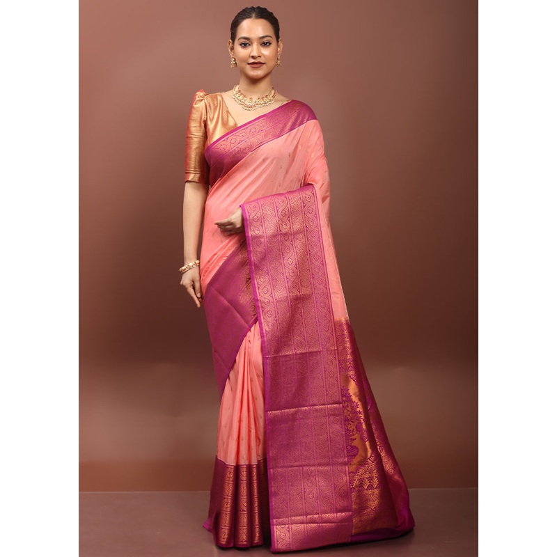 Peach Kanjivaram Silk Saree With Blouse Piece - JD986608535