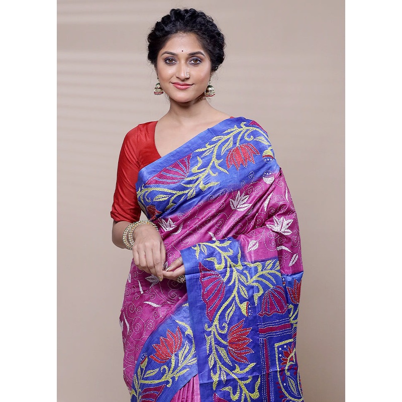 Pink Handloom Kantha Stitch Pure Silk Saree With Blouse Piece - JD986608437