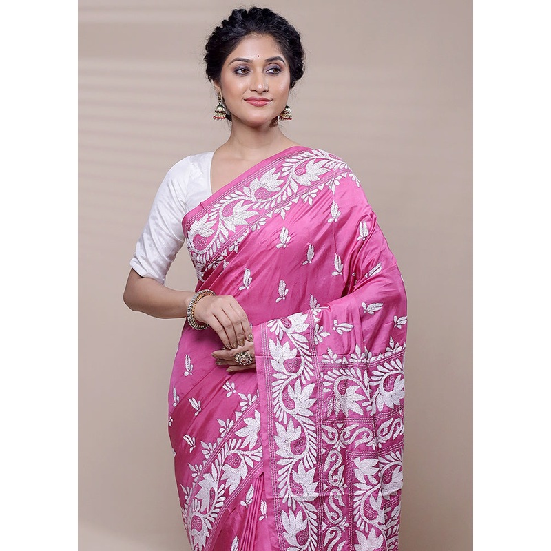Pink Handloom Kantha Stitch Pure Silk Saree With Blouse Piece - JD986608438