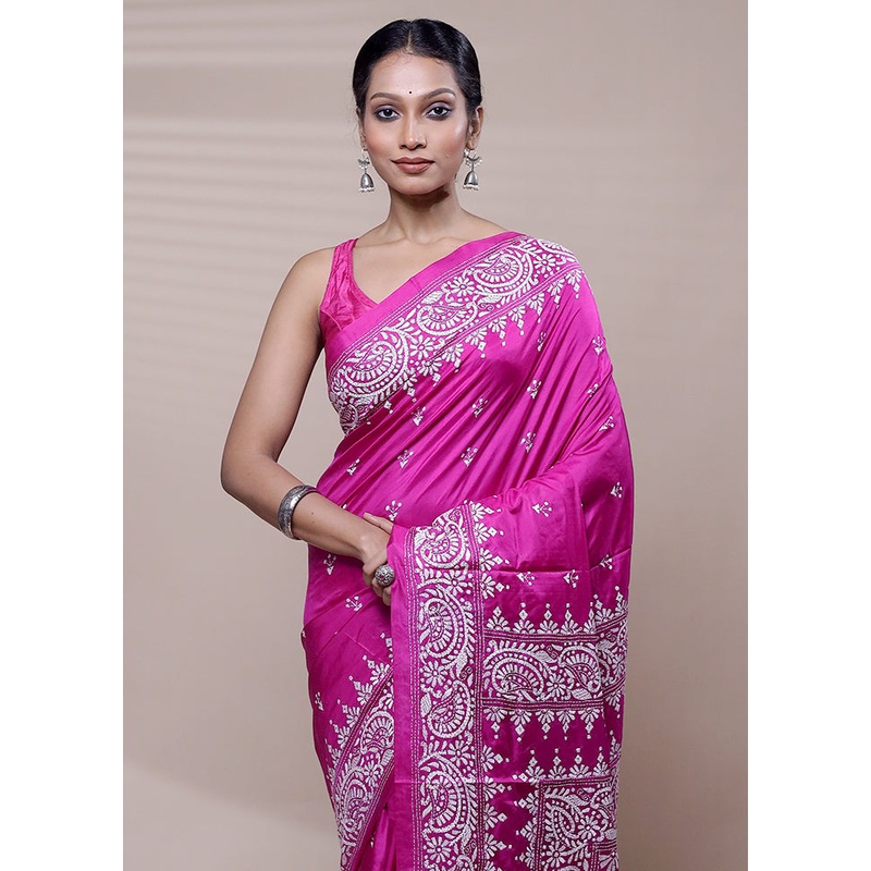 Pink Handloom Kantha Stitch Pure Silk Saree With Blouse Piece - JD986608439