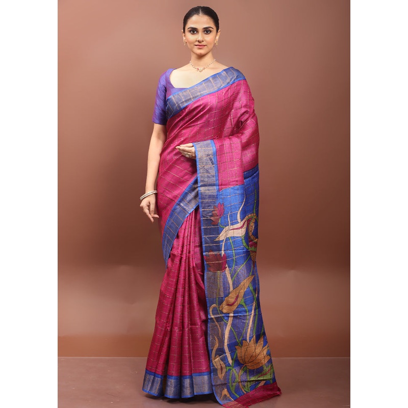 Pink Handloom Tussar Pure Silk Saree With Blouse Piece - JD986608529