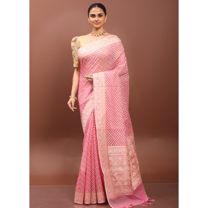 Pink Kora Silk Saree With Blouse Piece - JD986608528