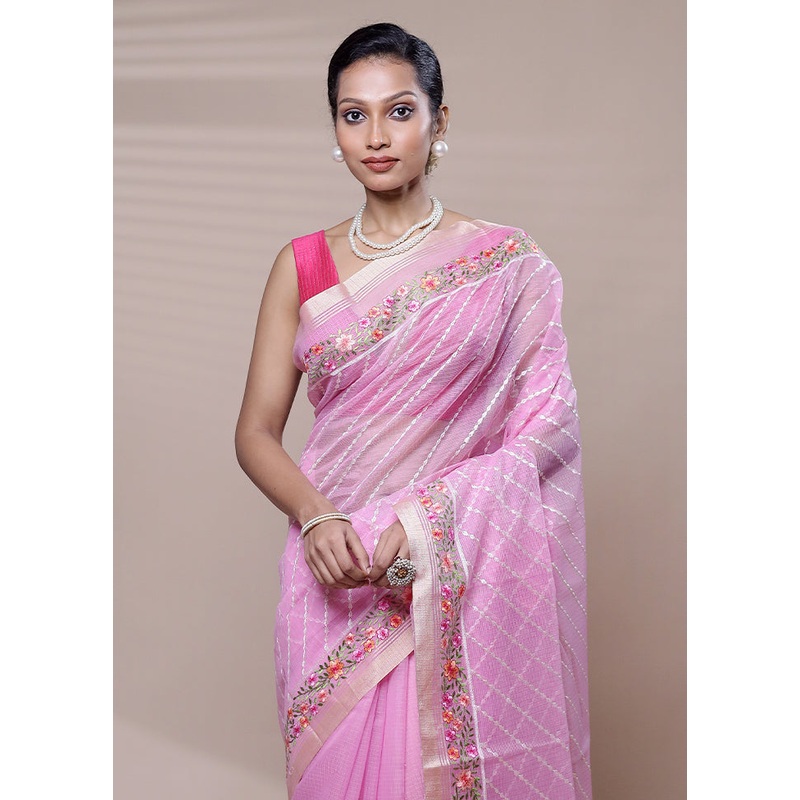 Pink Kota Cotton Saree With Blouse Piece - JD986608434