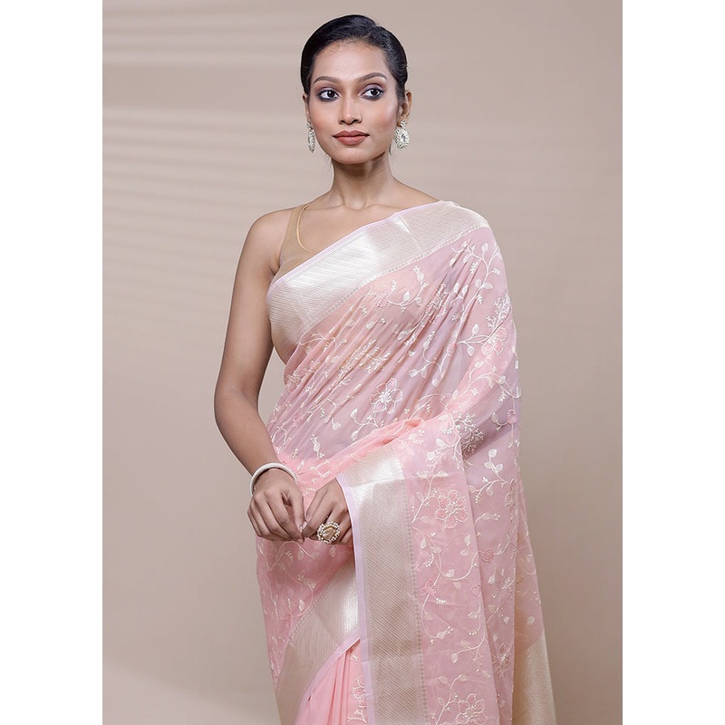 Pink Organza Saree With Blouse Piece - JD986608431