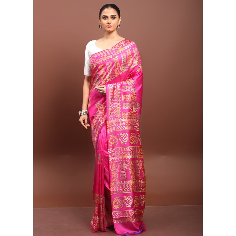 Pink Pure Bishnupuri Silk Saree Without Blouse Piece - JD986608525
