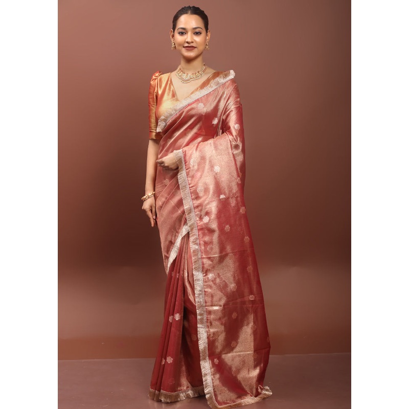 Pink Tissue Silk Saree With Blouse Piece - JD986608524