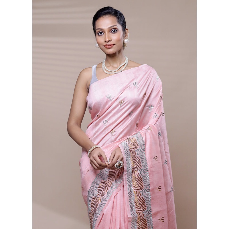 Pink Tussar Silk Saree With Blouse Piece - JD986608427
