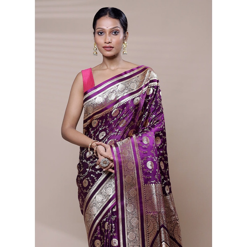 Purple Banarasi Silk Saree With Blouse Piece - JD986608425