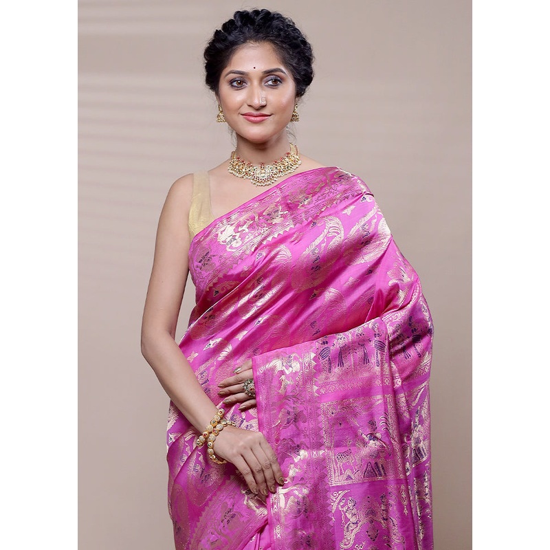 Purple Handloom Baluchari Pure Silk Saree With Blouse Piece - JD986608423