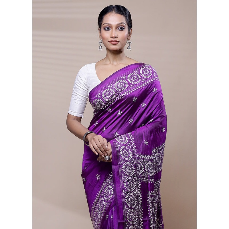 Purple Handloom Kantha Stitch Pure Silk Saree With Blouse Piece - JD986608422