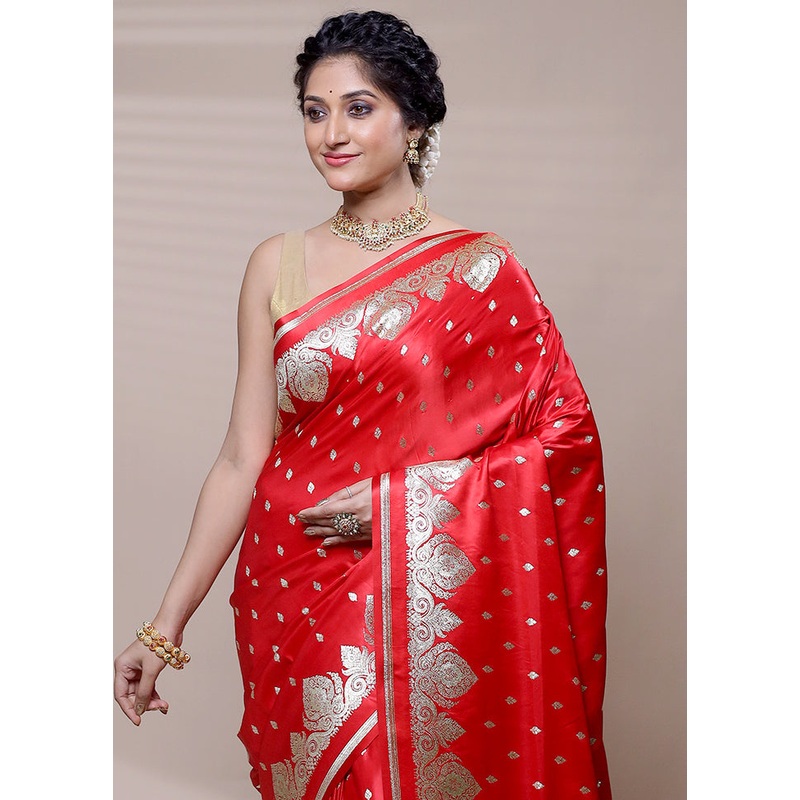 Red Banarasi Silk Saree With Blouse Piece - JD986608416