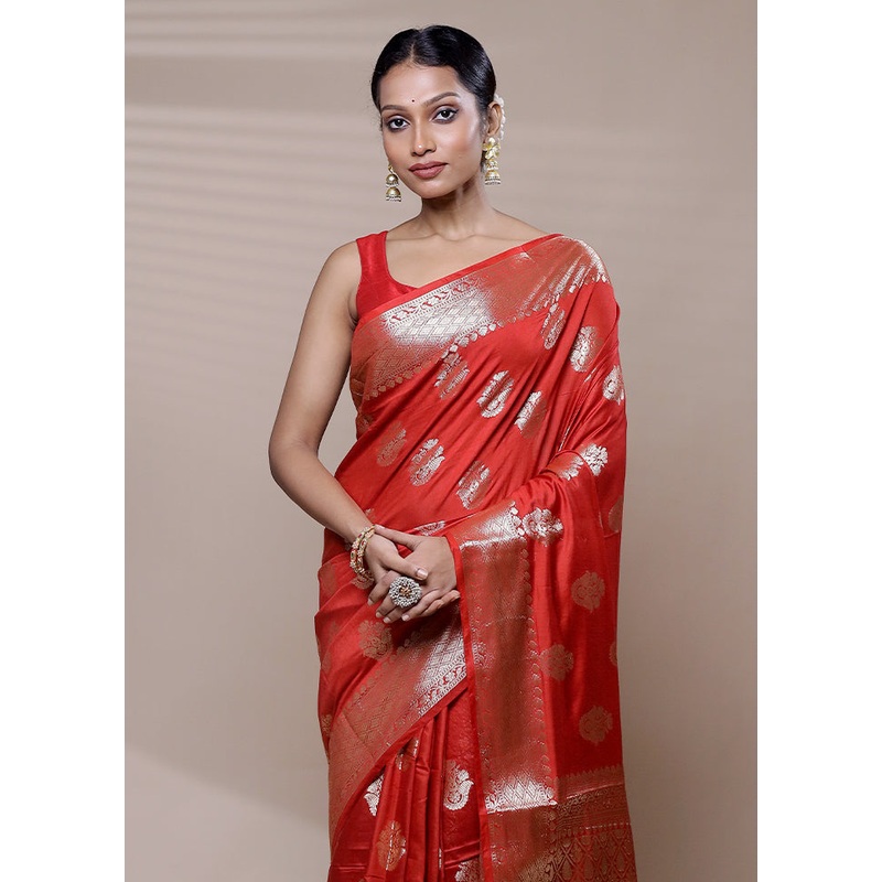 Red Cotton Saree With Blouse Piece - JD986608415