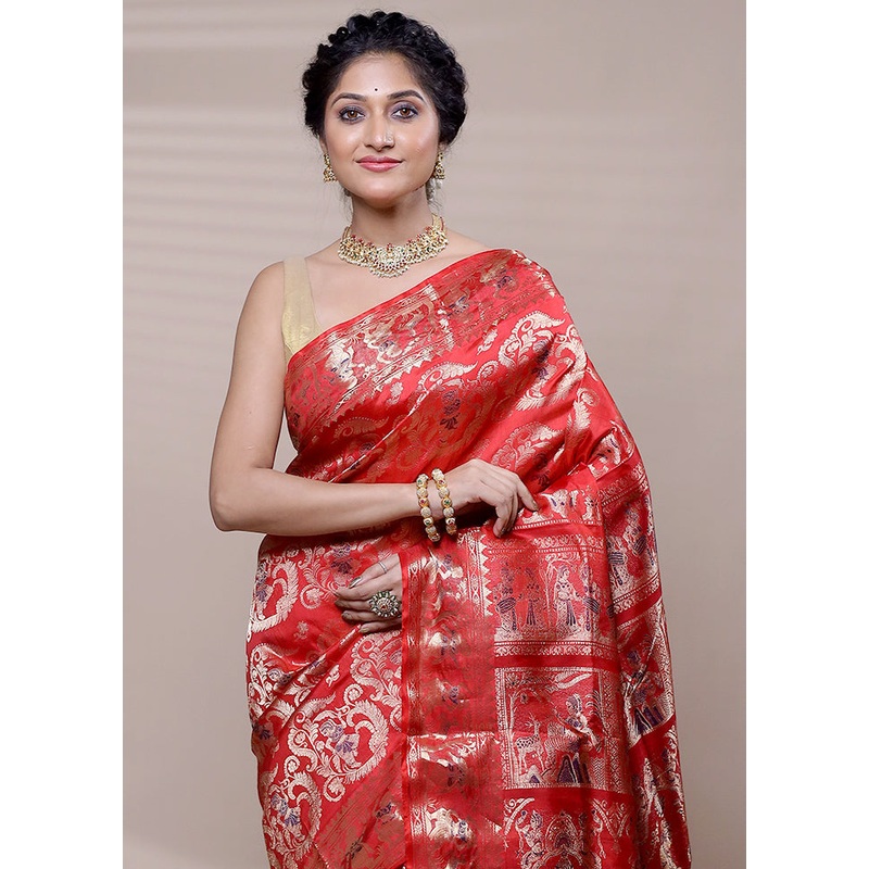 Red Handloom Baluchari Pure Silk Saree With Blouse Piece - JD986608414