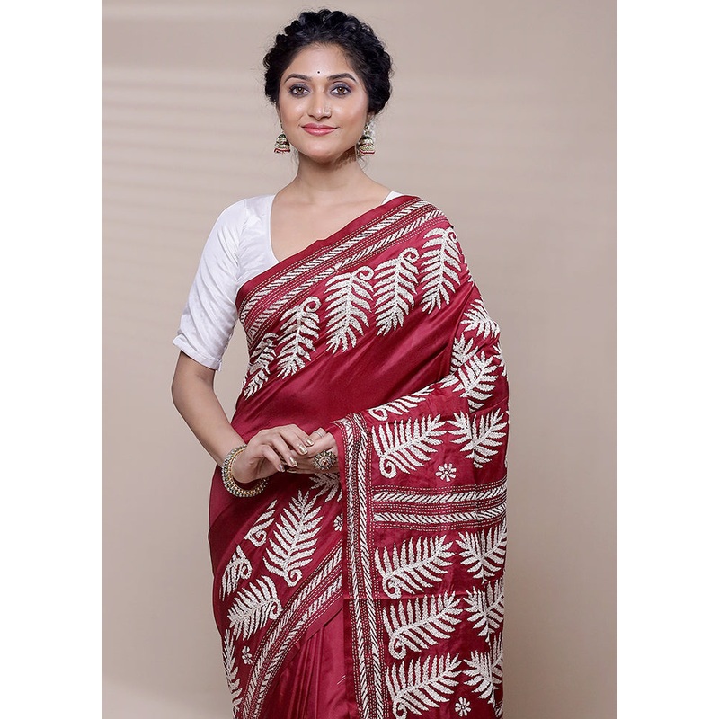Red Handloom Kantha Stitch Pure Silk Saree With Blouse Piece - JD986608413