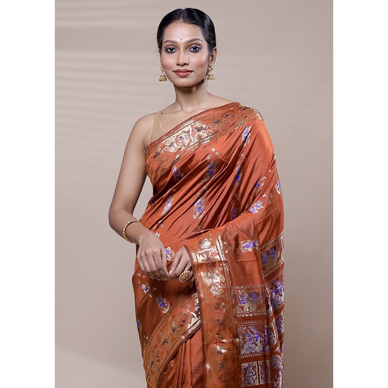 Rust Handloom Baluchari Pure Silk Saree With Blouse Piece - JD986608412