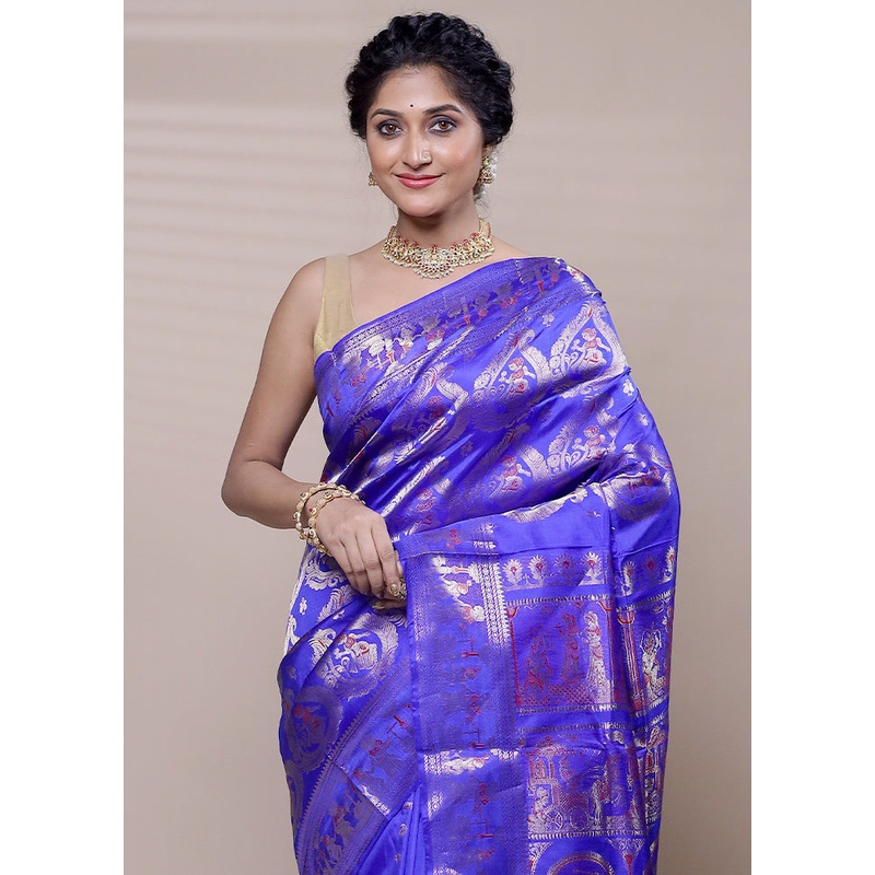 Violet Handloom Baluchari Pure Silk Saree With Blouse Piece - JD986608410