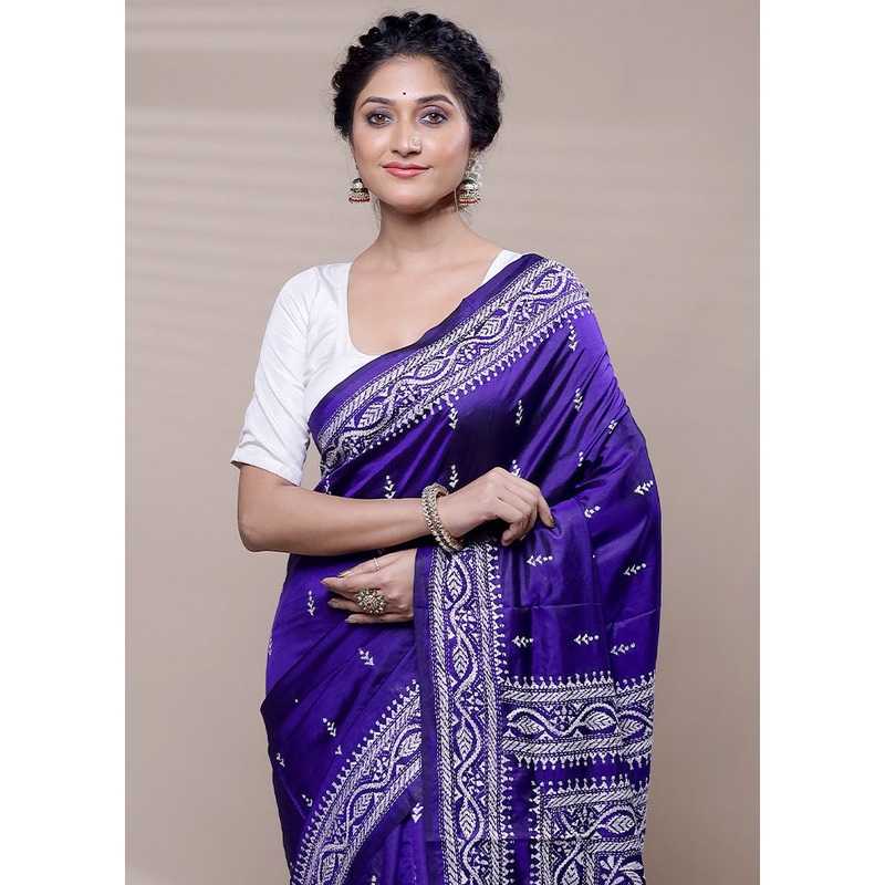 Violet Handloom Kantha Stitch Pure Silk Saree With Blouse Piece - JD986608409
