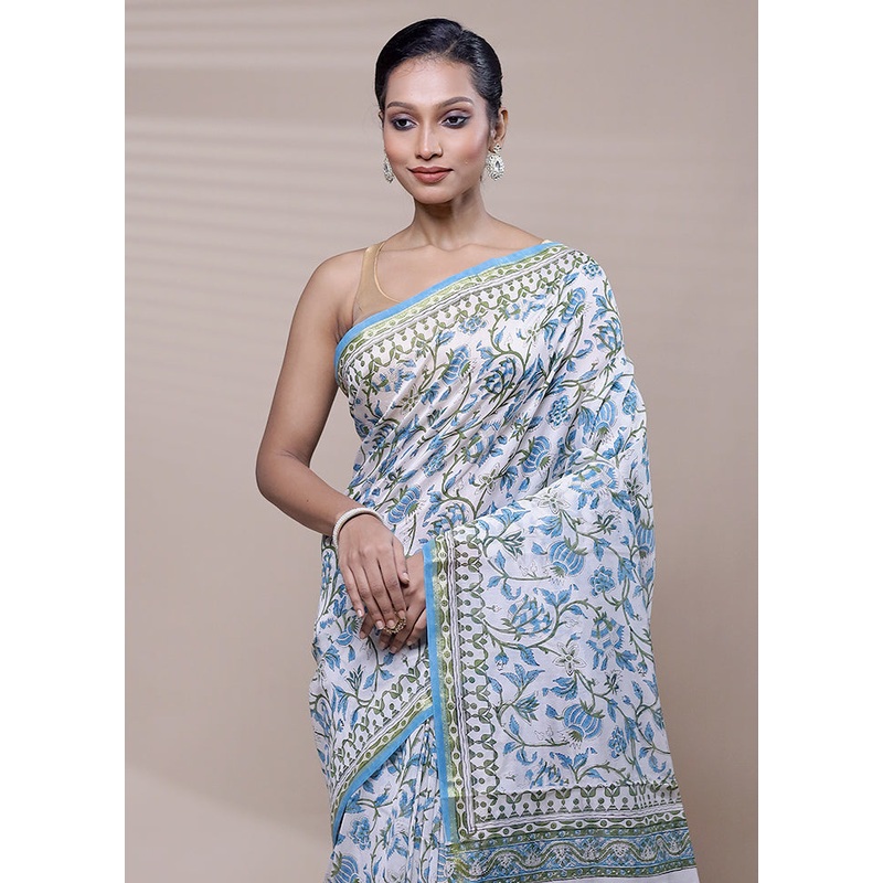 White Chanderi Cotton Saree With Blouse Piece - JD986608407